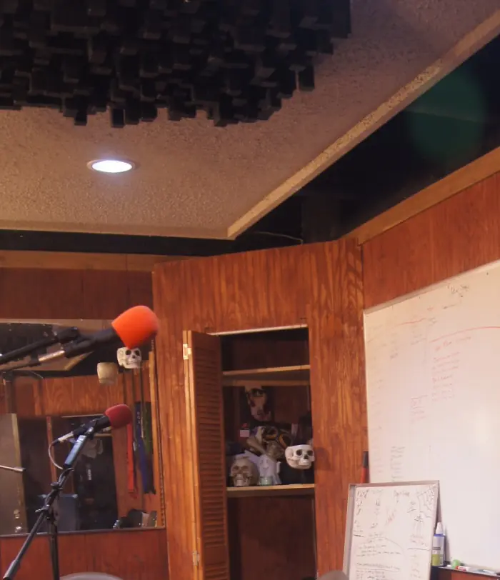 Microphone setup and acoustic treatment inside an EMP Arlington rehearsal room