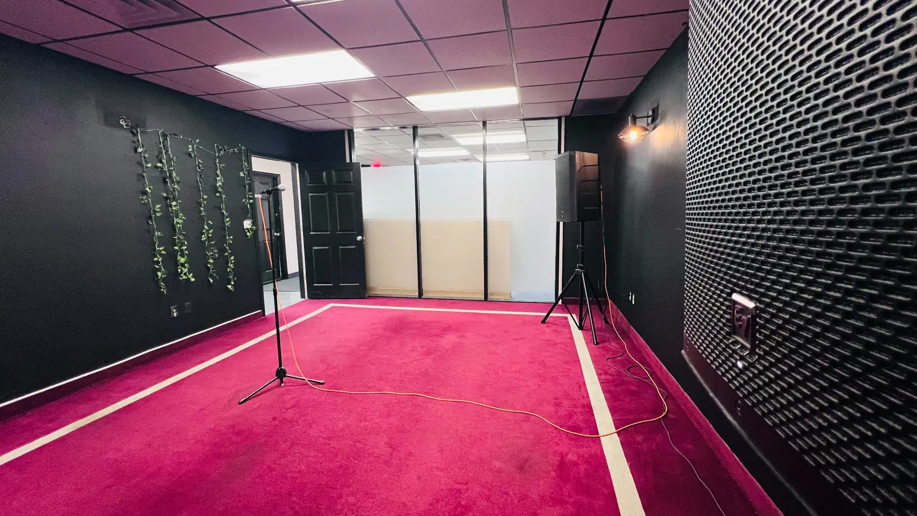 Angled view across the medium EMP hourly room with speakers and microphone