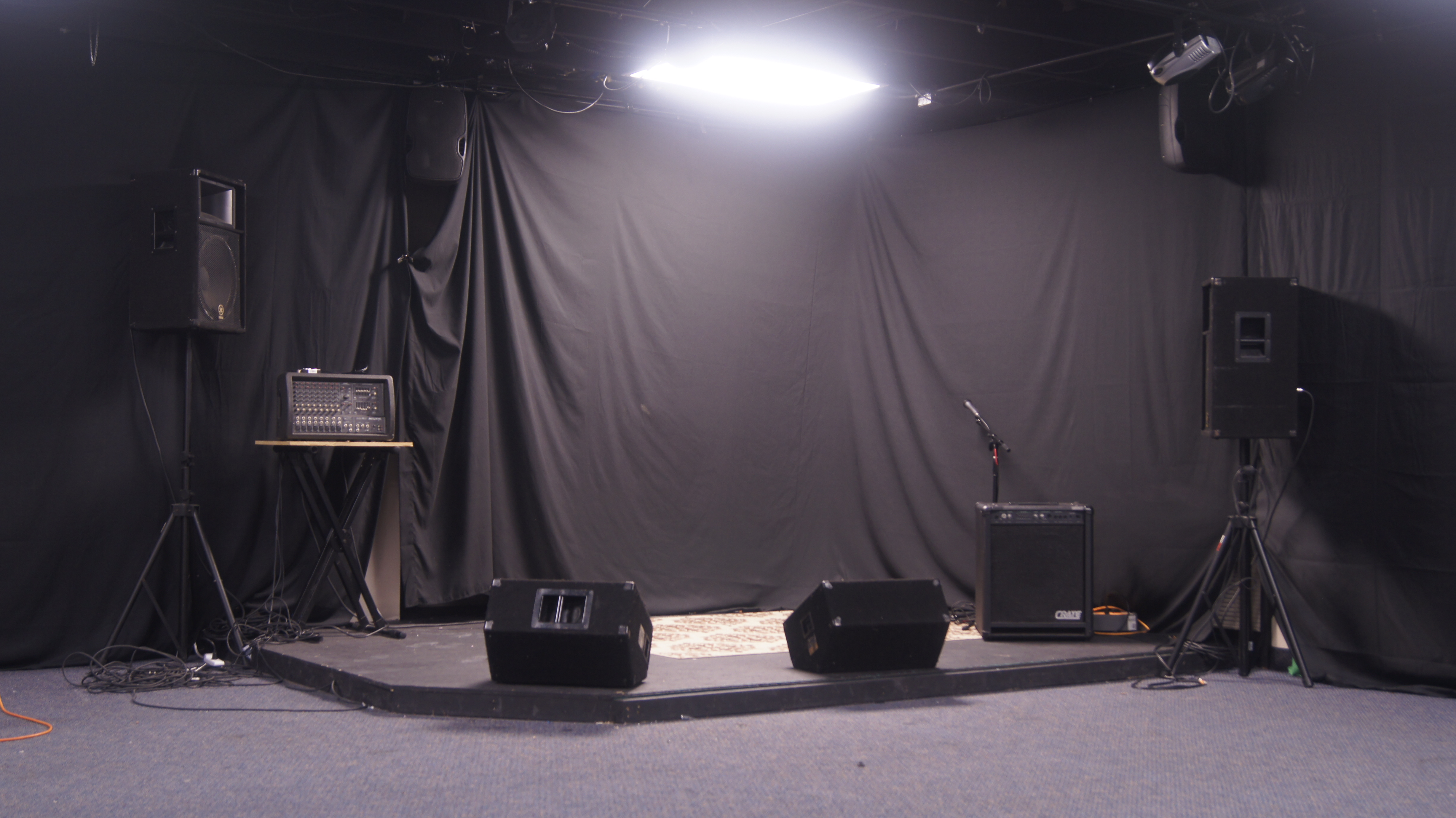 Stage and set-up in EMP's Showcase Room, perfect for photoshoots or pre-show rehearsals.