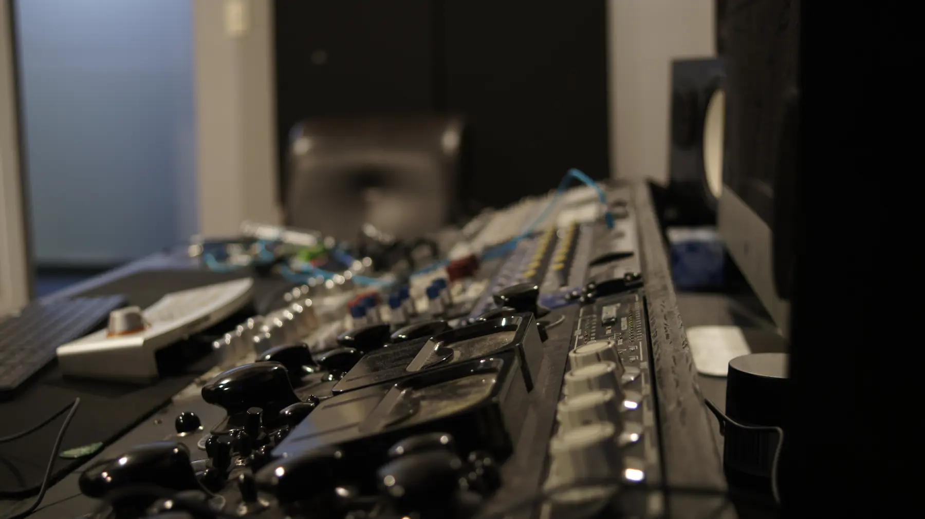 Close view across EMP Studio A’s console and monitoring position